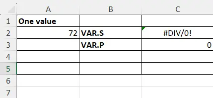 Excel showing VAR.S returning a #DIV/0! error while VAR.P returns 0 on a range holding one number
