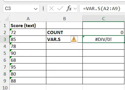 Excel returning #DIV/0! from VAR.S because COUNT shows zero numeric values in a text-formatted column