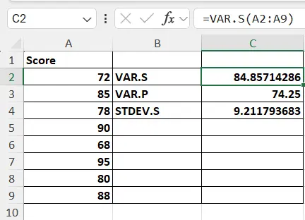 Excel formula bar showing =VAR.S(A2:A9) returning 84.85714286 for eight test scores