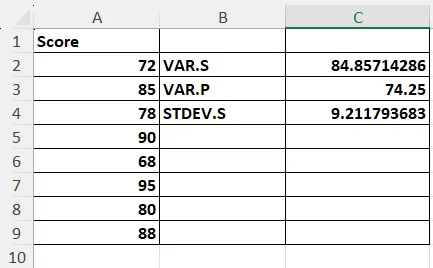Excel comparing VAR.S at 84.85714286, VAR.P at 74.25 and STDEV.S at 9.21179368 on the same eight scores