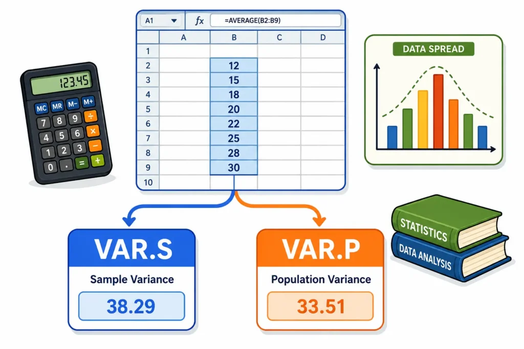 how to calculate variance in excel: Illustration of a spreadsheet column branching into VAR.S and VAR.P variance formulas