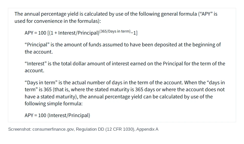 Screenshot of the general APY formula in Regulation DD Appendix A on consumerfinance.gov